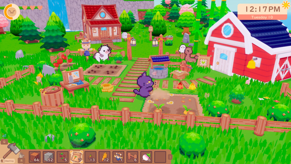 A screenshot from the game Snacko. The game is pixel type graphics, quite colourful. The image shows a red barn, green grass, a purple cat walking on two legs, some farm plots, a house, some bushes, a cow, workbench and a few other farm type items.