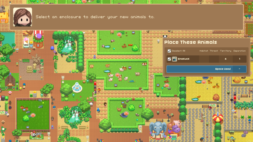 A screenshot from the game Let's Build a Zoo, with a few different animal enclosures and animals showing