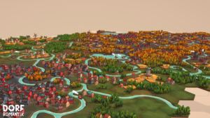 A screenshot from the game Dorfromantik, where the player has placed hexagon tiles with different elements on them such as pieces of a river, trees and more, to build a landscape