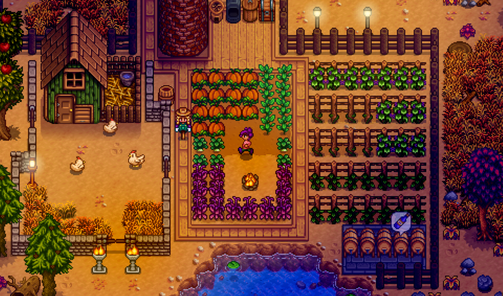 A screenshot from the game Stardew Valley, showing a piece of a farm with some produce growing and some chickens on the side of the plant plot