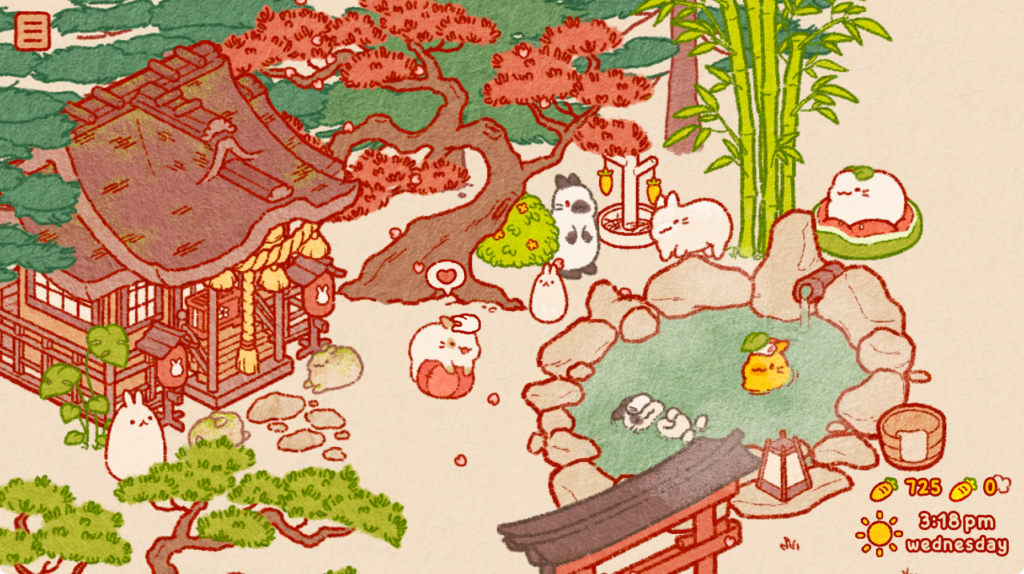 screenshot from the mobile game usagi shima. The picture shows a little pond, a building of some sorts, some vegetation and some little bunnies.