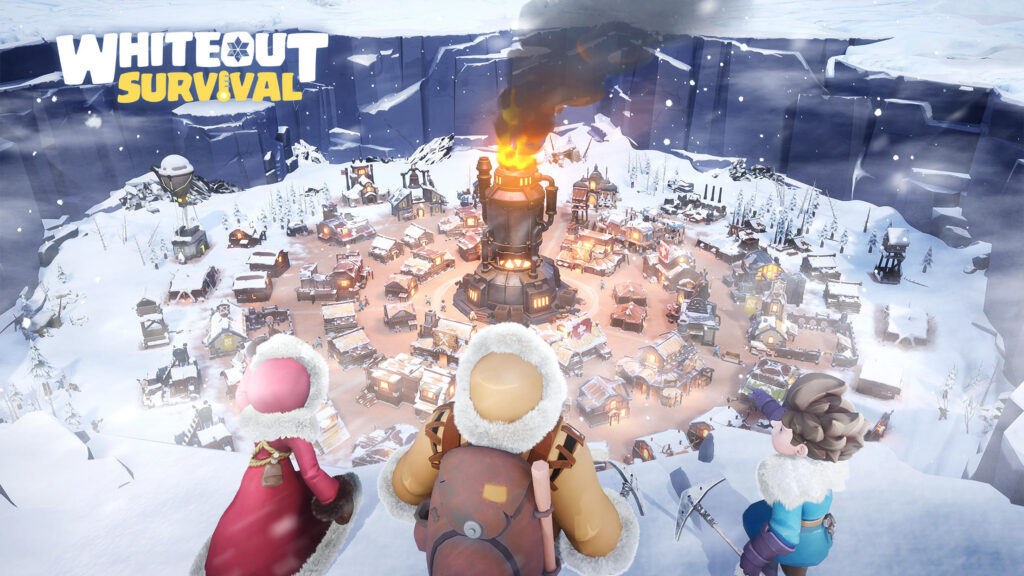 A screenshot from the game whiteout survival. It depicts a snowy valley where a lot of buildings stands. In the forefront of the image you see two people with their backs against the onlooker.