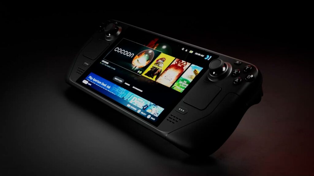 An image of the Steam Deck Oled, tilted with black background